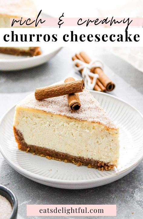 slice of churros cheesecake on plate with cinnamon sticks on top Recipes Churros, Churros Cheesecake, Ny Style Cheesecake, Make Cheesecake, Cinnamon Cheesecake, Churro Cheesecake, Churros Recipe, Classic Cheesecake, How To Make Cheesecake