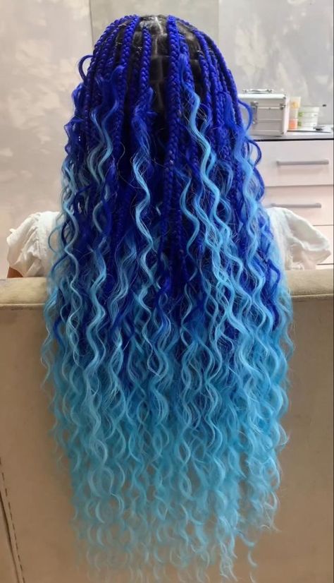 Rainbow Braided Hairstyles, Blue Braids With Curls, Blue Boho Braids, Blue Goddess Braids, Blue Braids For Black Women, Blue Hair Braids, Turquoise Braids, Colorful Box Braids, Blue And Black Braids