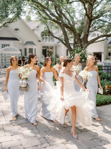 Elegant Simple Bridesmaid Dresses, Hamptons Wedding Bridesmaid, Blue Briadsmaid Dresses, Neutral Wedding With Pops Of Blue, Neutral Blue Bridesmaid Dresses, Summer Wedding Bridesmaids Dresses, Elegant Wedding Bridesmaids, Modern Classic Bridesmaid Dresses, Classy Elegant Bridesmaid Dresses