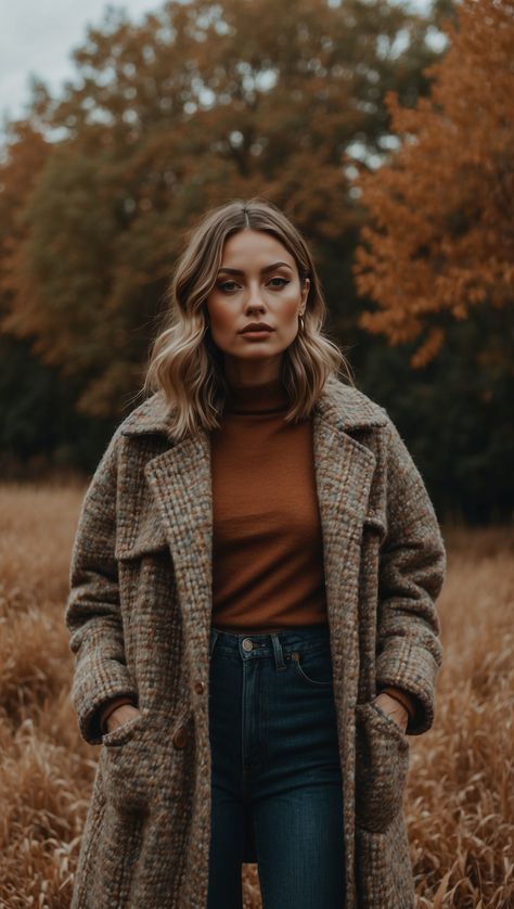 A woman wearing a rust-colored turtleneck, plaid coat, and high-waisted jeans in a fall setting Halloween Day Outfit, Photographer Fits, Autumn Photography Ideas, Fall Vibes Outfit, Women Fall Fashion, Chic Fall Outfit, Chic Fall Fashion, Fall Hat, Simple Fall Outfits