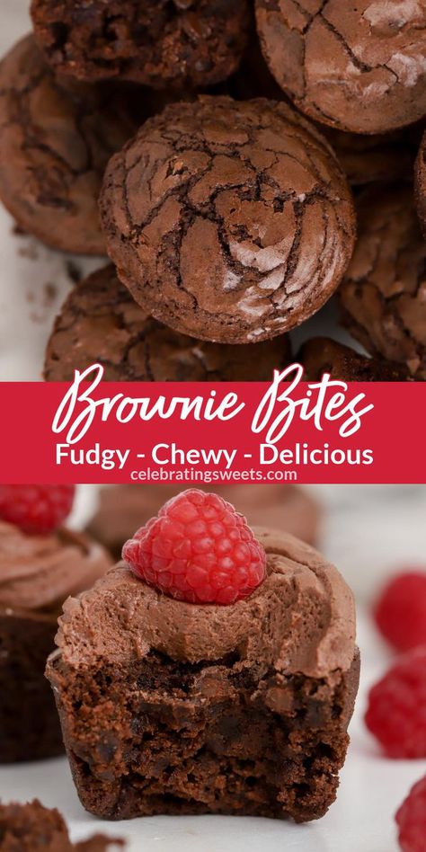 These Brownie Bites are fudgy, chewy, and packed with chocolate. A delicious bite-sized treat with a shiny-crinkly top and the perfect brownie texture. Serve on their own or top with a swirl of frosting. Mini Brownie Bites With Frosting, Mini Cupcake Brownie Bites, Fudgy Brownie Bites, Chocolate Bitesize Desserts, Chocolate Dessert Bites, 2 Bite Brownie Recipe, Homemade Brownie Bites, Brownie Bites With Frosting, Small Desserts For Parties Bite Size