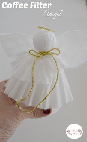 A Simple Coffee Filter Angel Christmas Tree Topper Craft for Kids to Make - Great Christmas decoration, and ornament. www.kidfriendlythingstodo.com Christmas Tree Topper Craft, Snowflakes Crochet, Angels Crochet, Diy Angel Ornaments, Christmas Angel Crafts, Folding Board, Angels Christmas, Ornaments Crochet, Diy Angels