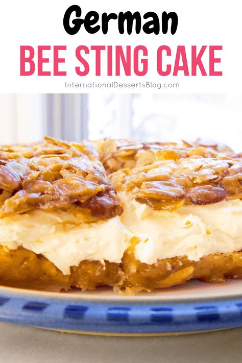 This authentic German "Bee Sting" cake recipe is one of my all time favorites! It's an easy traditional cake to make. You'll love the honey almond topping, the creamy vanilla cream filling, and the yeast cake layers! It's a delicious cake for Christmas Eve, Christmas Day, holiday party, birthday or afternoon coffee and cake! Anytime I make it, this Bienenstich Cake flies off the plate and there are never any leftovers. Bienenstich Kuchen looks impressive but it's actually very easy to make. German Pie, Bee Sting Cake Recipe, German Bee Sting Cake, Bienenstich Recipe, Yeast Cake, Cake For Christmas, Bee Sting Cake, German Food Authentic, Vanilla Cream Filling