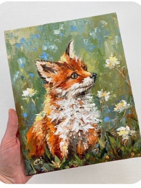 Cute Nature Paintings, Cute Animal Paintings Acrylic, Painting Inspo Nature, Mini Animal Paintings, Canvas Painting Ideas Animals, Fox Oil Painting, Acrylic Painting Ideas Animals, Acrylic Painting Paper, Small Animal Paintings