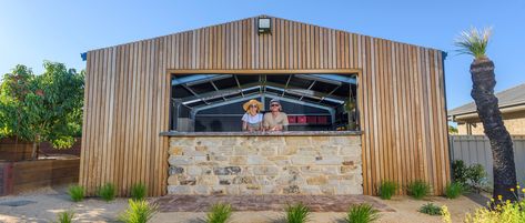 Shed With Bar, Stratco Sheds, Native Backyard, Front Wall Design, Custom Sheds, Timber Slats, Hervey Bay, Adelaide Hills, Cellar Door