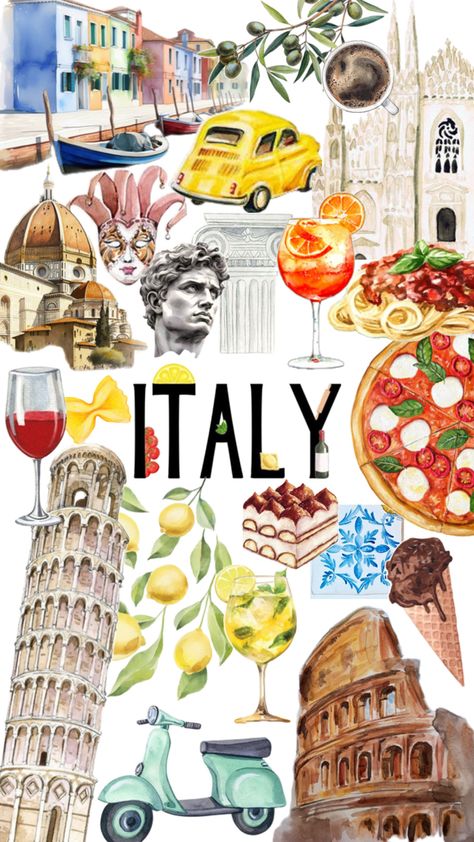 Italy. Italia. Pasta. Pizza. Tiramisu. Aperol spritz. Wine. Limoncello. Rome. Venice. Roma. Venecia. Pisa. Milan. Vespa. Italy Collage, Italy Sketches, Italy Illustration, Italy Sunset, Pasta Art, Creative Area, Art Zine, Pasta Pizza, Homemade Art