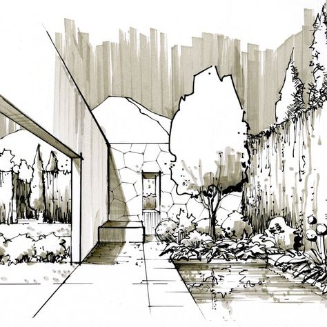 Landscape Architecture Perspective Drawing, Architecture Drawing Landscape, Architectural Landscape Drawing, Landscape Design Drawings Sketches, Landscape Plan Sketch, Landscape Architecture Design Sketch, Landscape Design Sketch, Landscape Architecture Sketch, Landscape Sketches