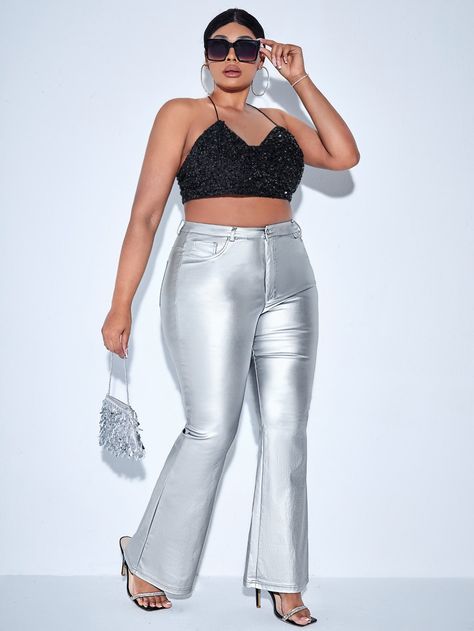 Silver  Collar  Denim Plain Flare Leg Embellished High Stretch Spring/Fall Women Plus Clothing Plus Size Silver Pants, Silver Pants Outfit, Cutout Pants, Flare Leg Pants Outfit, Colorblock Pants, Silver Pants, Velvet Flare Pants, Printed Flare Pants, Shein Pants