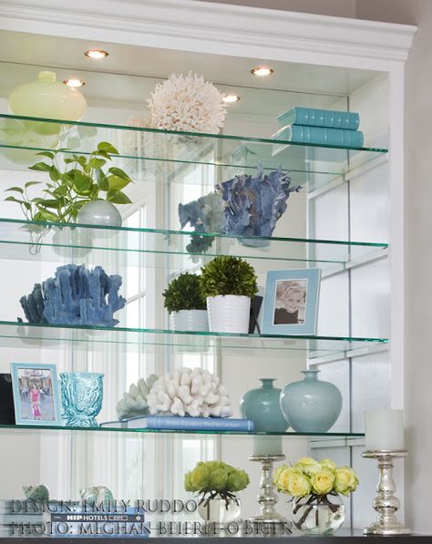 Design by Emily Ruddo Design. Photographed by Meghan Beierle-O'Brien. #booshelf #builtins #coastal Mirrored Bookshelf, Glass Shelf Ideas, Glass Shelves Living Room, Glass Bookshelf, Coastal Styling, Mirror Shelves, Glass Bookshelves, Styling A Bookcase, Glass Shelves In Bathroom