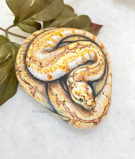 Yellow Ball Python, Snake Rock Painting, Snake Rock, Banana Ball Python, Handmade Paper Gifts, Rock Animals, Coiled Snake, Yellow Banana, Diy Rock Art