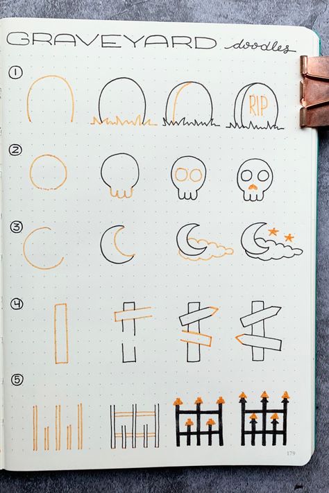 Make your Bullet Journal spooky this season with these Halloween graveyard doodles! Free printable included. Bullet Journal Halloween, Spooky Doodles, Graveyard Scene, Dibujo Simple, Bujo Doodles, Creating A Bullet Journal, Halloween Graveyard, Bullet Journal Paper, Bullet Journal Mood