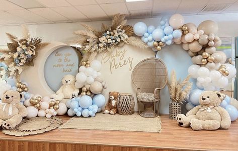 Blue Teddy Bear Birthday Theme, Bear And Balloons Decoration, Bear Theme Birthday Decor, Teddy Bear And Moon Baby Shower Theme, Teddy Bear Decorations Ideas, Dekorasi Aqiqah Baby Boy, Dekor Aqiqah Baby Boy, Blue Teddy Bear Baby Shower Theme, Decor Aqiqah Baby Boy