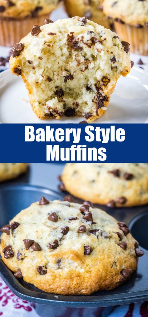 Bakery-Style Chocolate Chip Muffins – These tender, fluffy muffins are loaded with melty chocolate chips and have that perfect, bakery-worthy dome. #muffins #brunch #recipes #bakerystyle Big Bakery Style Muffins, Chocolate Chip Muffins With Sour Cream, Homemade Muffin Recipes, Big Chocolate Chip Muffins, Easy Choc Chip Muffins, The Best Chocolate Chip Muffins, Bakery Chocolate Chip Muffins, Muffin Mix Recipes Ideas, Bakery Muffin Recipes Jumbo