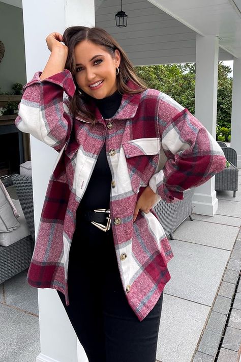 JAC JOSSA WINE CHECK OVERSIZED SHACKET Button Up Shirts Women, Jacqueline Jossa, Jac Jossa, Oversized Shacket, Figure Flattering Dresses, Petite Shorts, Black Friday Shopping, Shirts Women, Our Girl