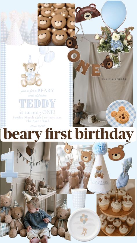 A mood board for a teddy bear themed first birthday party. The colors are brown, white and blue. There are bear themed foods, like cookies and treats. Blue balloons, and blue gingham plates, cups and party hats. Bear Themed First Birthday, Birthday Mood Board, Teddy Bear Birthday Theme, First Birthday Theme Boy, Beary First Birthday, Baby First Birthday Themes, First Birthday Balloons, Teddy Bear Party, Themed First Birthday