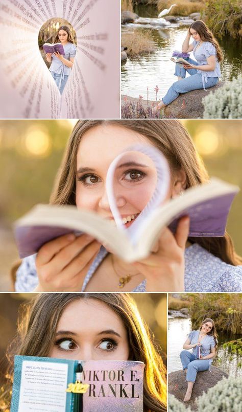 Diy Senior Pictures At Home, Senior Pictures With Books Photo Shoots, Senior Picture Books Photo Shoot, Senior Portrait Props, Pictures With Books Ideas, Senior Picture Ideas Reading, Unique Ideas For Senior Pictures, Art Themed Senior Pictures, Senior Picture Book Ideas