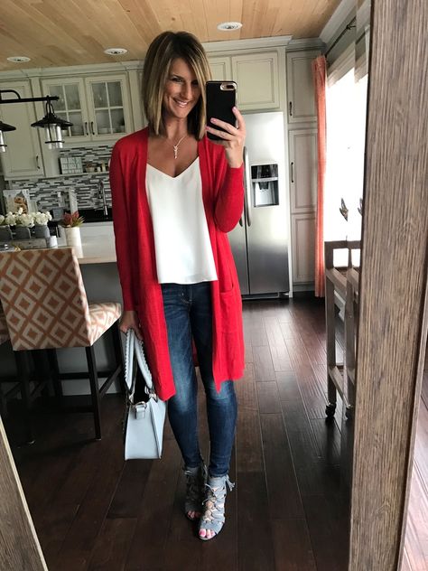 Shop the look from Living in Yellow on ShopStyle Long Red Cardigan, Cardigan Fall Outfit, Mode Ab 50, Fall Transition Outfits, Outfits For Work, Clothing Blogs, Casual Skirt Outfits, Look Rock, Transition Outfits