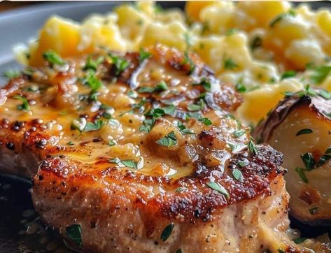 Garlic Butter Pork Chops With Cheesy Potato Bake, Garlic Butter Pork Chops, Butter Pork Chops, Cheesy Potato Bake, Bone In Pork Chops, Potato Bake, Cheesy Potato, Grandma's Kitchen, Grandmas Kitchen