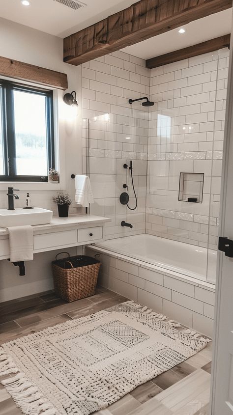 28 Modern Farmhouse Bathroom Ideas Farmhouse Bathroom Bathtub Shower Combo, Modern Farmhouse Ensuite Bathroom, Modern Bathtub Ideas, Ranch Style Master Bath, Bathtub In Bathroom, Small Space Home Ideas, White And Wood House Interior Design, Bathroom Renovation With Tub, White Modern Farmhouse Interior