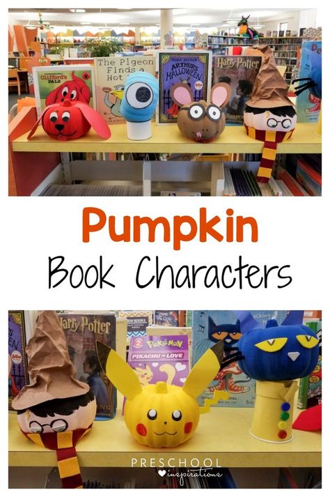 Make these pumpkin book character crafts for Halloween or fall. #preschool #kindergarten #Halloween #readalouds #literacy #crafts #pumpkinactivities Pumpkin Parade Book Characters, Book Inspired Pumpkin Decorating, Book Character Crafts, Pumpkin Book Characters, Literary Pumpkins, Literacy Crafts, Book Pumpkins, Preschool Inspirations, Preschool Pumpkin