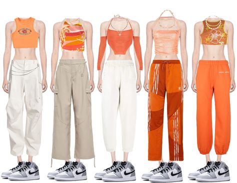 Kpop Idol Orange Outfit, Orange Stage Outfit, Orange Concert Outfit, Orange Outfits, Korean Outfits Kpop, Kpop Fits, Outfit Kpop, Pearl Belt, 5 Outfits