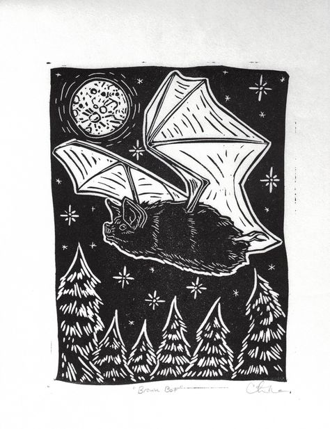 This is a 9x12 linocut print on handmade paper with black ink. This is part of a series of native Montana species. This print ships flat in a mailer and if paired with other prints of this size it doesn't cost extra. (prints don't weigh much) I adjust shipping after I go to the post office if I have to. Bat Linocut, Raven Linocut, Goth Prints, 2024 Sketchbook, Butte Mt, Printmaking Ideas, Bat Art, Lino Art, Type Art