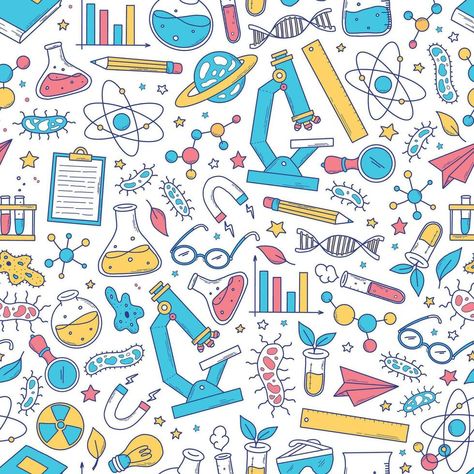 science seamless pattern with doodles, cartoon elements, supplies on white background for wallpaper, wrapping paper, stationary, prints, scrapbooking, etc. Back to school theme. EPS 10 Science Pattern, Science Wallpaper, Doodles Cartoon, Background For Wallpaper, Cartoon Elements, Paper Stationary, Back To School Theme, Science Background, School Theme