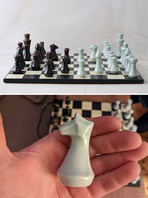 I Got A Unique Chess Set For My Birthday. Designed And Made By A Potter Friend. I Think They Are Stunning Custom Chess Pieces Clay, Art Deco Chess Set, Diy Chess Set Polymer Clay, Ceramic Chess Pieces, Chess Minimalist, Pottery Chess Set, Chess Pottery, Unique Chess Sets, Clay Chess Pieces