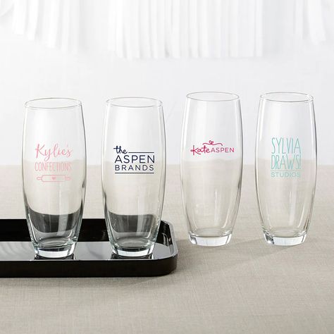 Commemorate a special occasion, such as a wedding or a grand opening of your business, with sophisticated glassware for your refreshment table. These Personalized 9 oz. Stemless Champagne Glasses from Kate Aspen are stylish and sophisticated for an annual event or a promotional party. The stemless style is great to gift your party guests and give your potential customers fond memories of the day to enhance your business. Refreshment Table, Custom Champagne Glasses, Corporate Gala, Personalized Champagne Glasses, Flute Glasses, Champagne Flute Glasses, Brand Studio, Personalized Favors, Festive Design