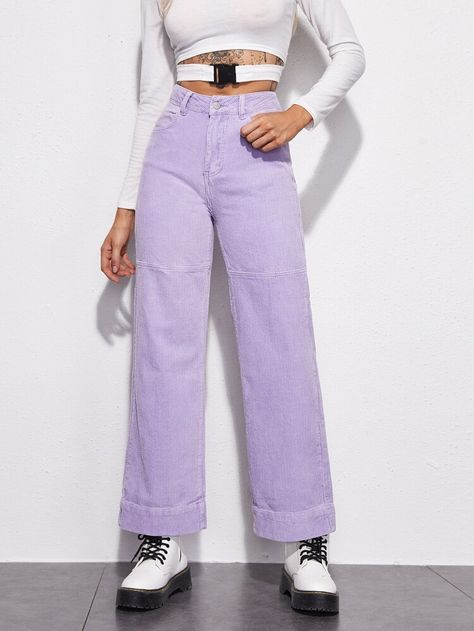 Free Returns ✓ Free Shipping On Orders $49+ ✓. Flap Pocket Back Wide Leg Cord Pants- Pants at SHEIN. Purple Jeans Outfit, Wide Leg Jeans Outfit, Cord Pants, Wide Leg Pants Outfit, Outfits Con Jeans, Looks Jeans, Cord Trousers, Green Lace Dresses, Women Bottoms