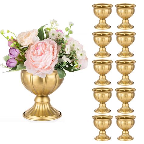 PRICES MAY VARY. Gorgeous & Charming - Our small gold vases for centerpieces are made of high quality metal which is anti-rust. They go well with fresh flowers or artificial flowers, ostrich feathers, brushes, buds, garlands, and bouquets. Gorgeous and charming gold flower vase centerpiece that will surely added extra glam to your decorations. Multi-Occasion Use -- Beautiful small gold vases for flowers for living room, bedroom, kitchen, bathroom, office desk, bookcase, shelves, windowsill, cabi Quinceanera Centerpieces Tree, Plastic Compote Vase, Round Table Baby Shower Centerpiece, Dismey Themed Wexding Table Centerpieces, Beauty And The Beast Quinceanera Center Pieces Center Pieces, Low Gold Vase Centerpiece, Vintage Vases Centerpieces Shabby Chic, Gold Vases With Pink Flowers, Beauty And The Beast Centerpieces For Table