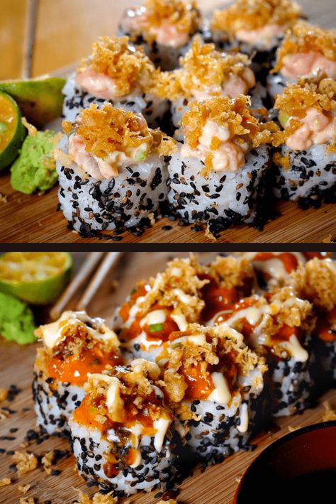 Sushi Dynamite Roll, Dynamite Sushi Roll Recipe, Tempura Sushi Rolls Recipe, Beef Sushi Recipes, Beef Sushi Roll, Homemade Sushi Rolls Recipes, Dynamite Roll Sushi, Dynamite Sauce, Shrimp Sushi Rolls