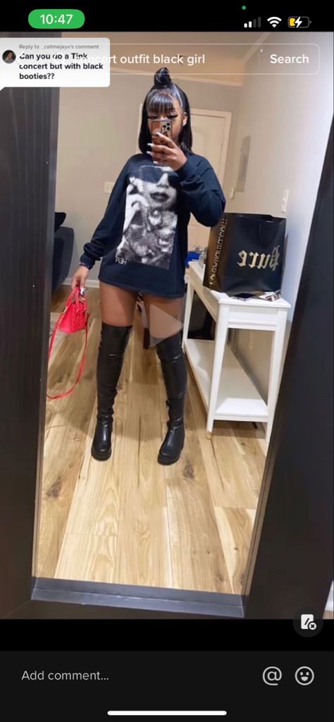 Thigh High Boots With Jean Shorts, Shirt Dress With Knee High Boots, Baddie Outfits Boots, Shein Boots Outfit, Black Leather Boots Outfit Black Women, Long Sleeve Graphic Tees Outfit Baddie, Boots And Skirt Outfit Black Women, Outfits With Black Thigh High Boots, High Knee Boots Outfit Black Women