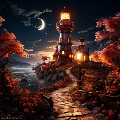 To the Lighthouse 🌌🌊🌠❤️ Background Esthetics, Fantasy Lighthouse, To The Lighthouse, Lighthouse Pictures, Lighthouse Art, Fantasy Castle, The Lighthouse, Scenery Wallpaper, Lighthouse