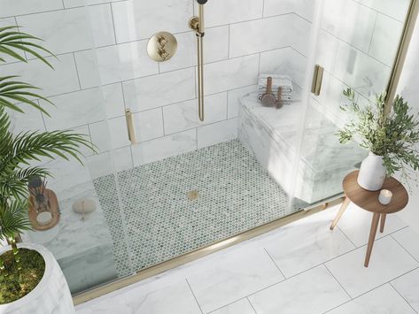 WATERFORD Mint Green Mosaic Tile Code: IRD-P23Product Name: WATERFORDMaterial: Mint GreenColor: White, Gray, GreenSold by: sheetSheet size: 11.2x12.4"Thickness: 8Sheet Coverage (sq.ft): 0.96 PLEASE ALLOW 2-4 DAYS FOR SHIPMENT Mint And Gold Bathroom, Stunning Walk In Showers, Sage Green Mosaic Tile, Light Green Master Bath, Bathroom Colored Tiles, Shower With Green Tile, Green Shower Floor Tile, Bathroom Remodels For Small Bathrooms, Sage Green Tile Shower Ideas