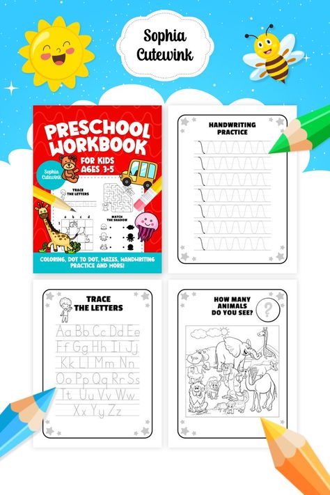 Preschool Workbook for Kids Ages 3-5: 40 Activity Pages by Sophia Cutewink Preschool Activity Books, Kids Graphic Design, Movie Journal, Preschool Workbooks, Activity Workbook, Kids Worksheets Preschool, Workbook Design, Kids Worksheets, Activity Sheets For Kids