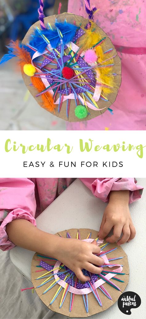 Create beautiful circular weavings with kids using cardboard & yarn for the loom. Weave in feathers, ribbons & pom poms for an easy textile art activity. via TheArtfulParent Kindergarten Yarn Art, Weaving Crafts For Preschoolers, Art With Pom Poms, Preschool Weaving Activities, Weaving For Kindergarten, Weaving Activities For Preschool, Weaving Activities For Kids, Kindergarten Weaving, Yarn Art For Kids