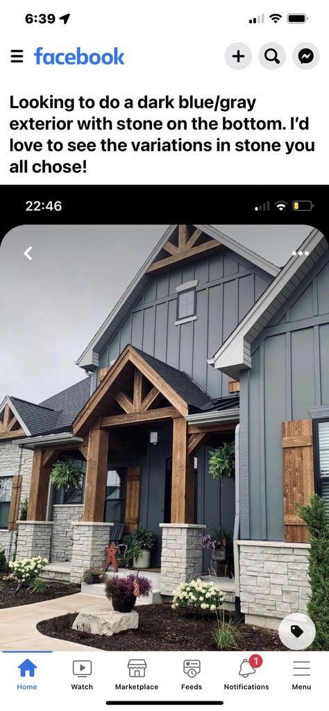 Dark Grey House Exterior With Cedar, Dark Navy House Exterior With Wood, Board And Batten Siding With Stone Ranch, Blue House Natural Wood Shutters, Slate Siding Exterior House, Steel Blue Exterior House, Dark House With Cedar Accents, Dark Blue Board And Batten Siding, Blue Gray Vinyl Siding