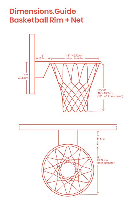 Basketball rims are orange painted goals attached to the backboard in a game of basketball. Basketball rims have an inner diameter of 18” | 45.72 cm. Nets are hung from the bottom of the rim with lengths between 15”-18” | 38.1-45.7 cm. Basketball rims are mounted 10’ | 3.05 m from the court floor. Downloads online #basketball #sports #nba #rim #nets Basketball Court Measurements, Basketball Court Dimensions, Basketball Ground, Backyard Basketball Court, Basket Training, Basketball Court Size, Basketball Ideas, Diy Basketball, Basketball Court Backyard