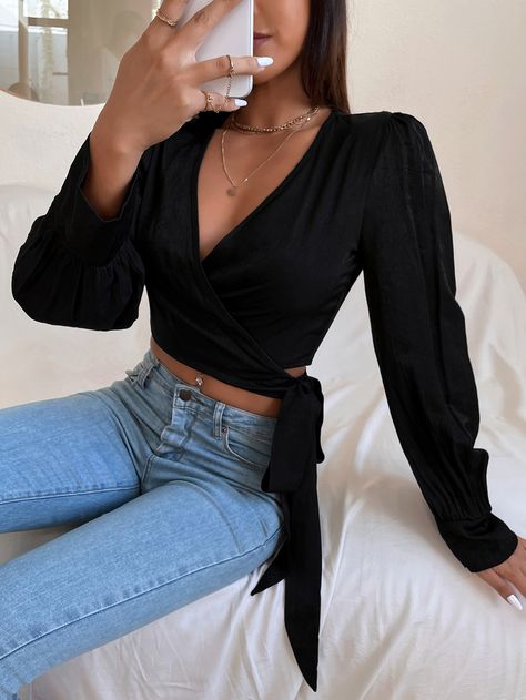 Overlap Collar Tie Side Blouson Sleeve Blouse Black Top Outfit, Knotted Blouse, Blouson Sleeve, Plain Tops, Women Blouses, Inspiration Mode, Casual Style Outfits, Primavera Estate, Women Clothes Sale