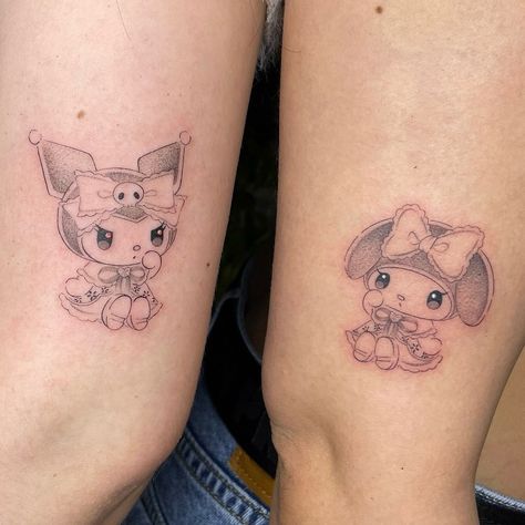 . ݁₊ ⊹ . ݁ custom kuromi + my melody ݁ . ⊹ ₊ ݁. for the cutest besties, asia and sakura ..< ✿ i’m currently filling up my schedule for june at @slowstainstudio <3 emaiI for a quote! pls refer to my “how to book” highlight for all relevant booking info :3 tyyyyy & ilyyyyy ✿ #tattoo #tattooshop #tattooartist #tattooart #tattooideas #tattoogirl #finelinetattoo #stipple #losangeles #losangelestattoo #latattooartist #queertattooartist #femaletattooartist #cutetattoo #pinterest #sanrio #sanriotatto... Kuromi And My Melody Matching Tattoo, Hello Kitty Matching Tattoos, Dolly Tattoos, Cute Matching Tattoos, Tattoos Matching, Matching Sister Tattoos, Cute Hand Tattoos, Kuromi My Melody, Kawaii Tattoo