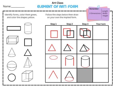 What to do: First talk to the class about the difference between shapes (2D) and forms (3D). This worksheet or template is specifically focus on illusion of form or drawing implied forms/3D shapes (cone, pyramid, cube, cylinder, and cube). Elements Of Art Shape And Form, Element Of Art Form, Elements Of Art Form, 3d Shapes Worksheets, Shapes Worksheets, Elements And Principles, Form Art, Principles Of Art, Elementary Art Projects