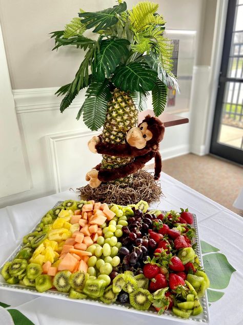 Fruit Tray Jungle Theme, Jungle Theme Shower Ideas, Safari First Birthday Food Ideas, Safari Appetizers Jungle Party, Wild One Veggie Tray, One Year Old Jungle Birthday Party, Jungle Birthday Party Food Ideas, Wild And Three Food Ideas, Jungle Party Desserts