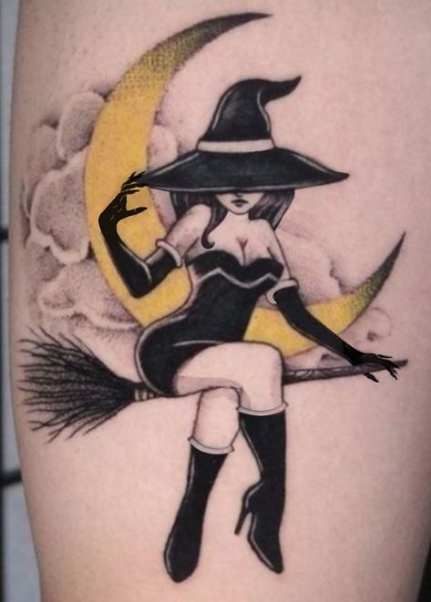 Tattoo witch on a broomstick Witch On Broomstick Tattoo, Witch Head Tattoo, Naked Witch Tattoo, Witch Pinup Tattoo, Pinup Witch Tattoo, Witch Craft Tattoo, Witch Pin Up Tattoo, Pinup Witch, Witch Tattoos