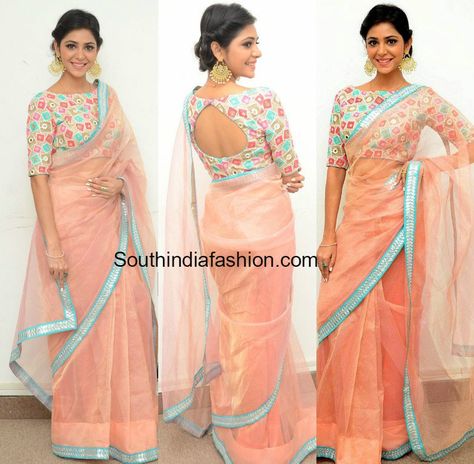 Actress Priyanka Bhardwaj attended the press meet of Mister 420 movie wearing a light peach organza net saree and boat neck blouse Boat Neck Saree Blouse Design, Peach Colour Blouse Designs, Blouse Boat Neck Design, Back Designs For Blouse Saree, Priyanka Bhardwaj, Linen Saree Blouse Designs, Peach Colour Saree, Boat Neck Blouses, Boat Neck Saree Blouse