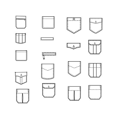 Pockets Fashion Flat Templates / Technical Drawings / Fashion CAD Designs for Adobe Illustrator / Fashion flat sketch - Payhip Denim Technical Drawing, Menswear Technical Drawing, Clothing Templates Design, Types Of Pockets Fashion, Flat Pattern Fashion, Pocket Design Fashion Men, Tshirt Pocket Design, Pants Technical Drawing, Jeans Template