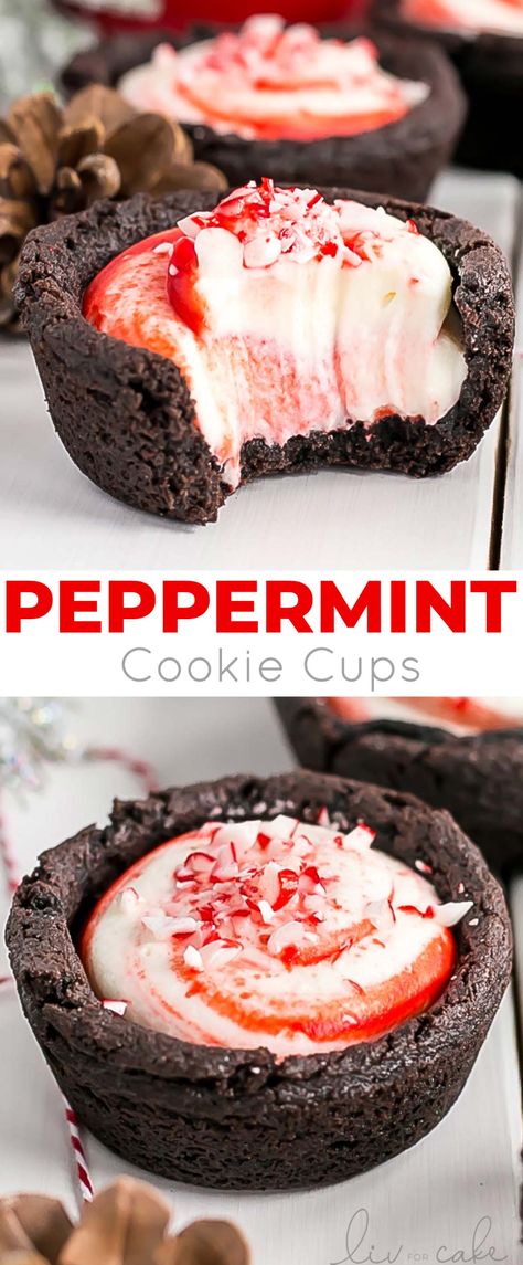 Peppermint Desserts Christmas, Peppermint Cookie, Peppermint Dessert, Peppermint Recipes, Cookie Cups Recipe, Peppermint Cheesecake, Chocolate Peppermint Cookies, Cookies Holiday, Christmas Baking Recipes