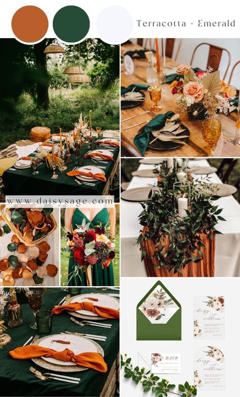 Terracotta and Emerald Green Wedding Color Palette Green Wedding Color Schemes, Wedding Color Theme Ideas, Terracotta Wedding Color, Green Fall Weddings, Emerald Wedding Colors, Hunter Green Wedding, Amber Wedding, Green Vibe, Wedding Feast