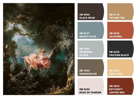 The Swing - Inspired Colors. Baroque Color Scheme, Baroque Colour Palette, Baroque Color Palette, Rococo Color Palette, Victorian Color Palette, Plascon Paint, Sherwin Williams Color Palette, Motif Baroque, Victorian Colors