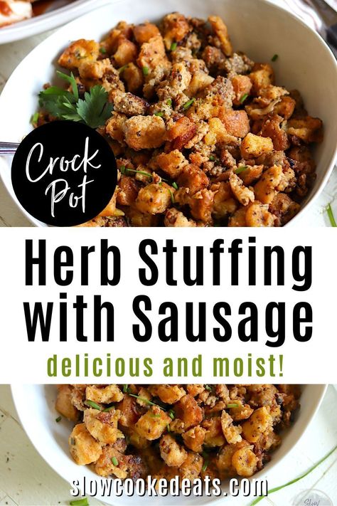 Moist and delicious crockpot stuffing with sausage and herbs is perfect whether it's a weeknight dinner, Sunday supper, or Thanksgiving dinner! This slow cooker stuffing is the perfect side dish and can be prepped ahead - making your holiday meal a breeze. Once cooked, the crockpot works perfectly for keeping your dressing warm and ready to serve. Stuffing Recipes For Thanksgiving Crockpot, Crockpot Sausage Stuffing Thanksgiving, Sour Dough Stuffing Recipe, Turkey Stuffing Recipes Crockpot, Thanksgiving Stuffing Recipes Crockpot, Traditional Sausage Stuffing, Crockpot Sausage Stuffing Recipes, Crockpot Stuffing With Sausage, Stuffing In Crockpot Slow Cooker